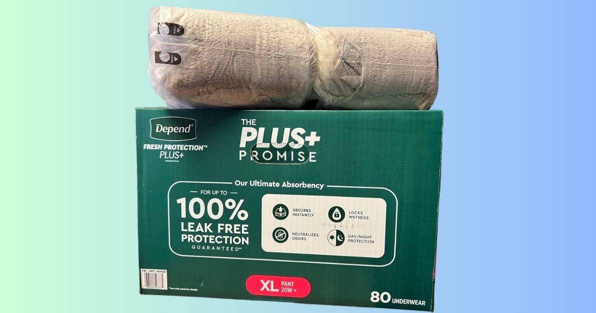 A package of Depends+ pull-up brief incontinence products.