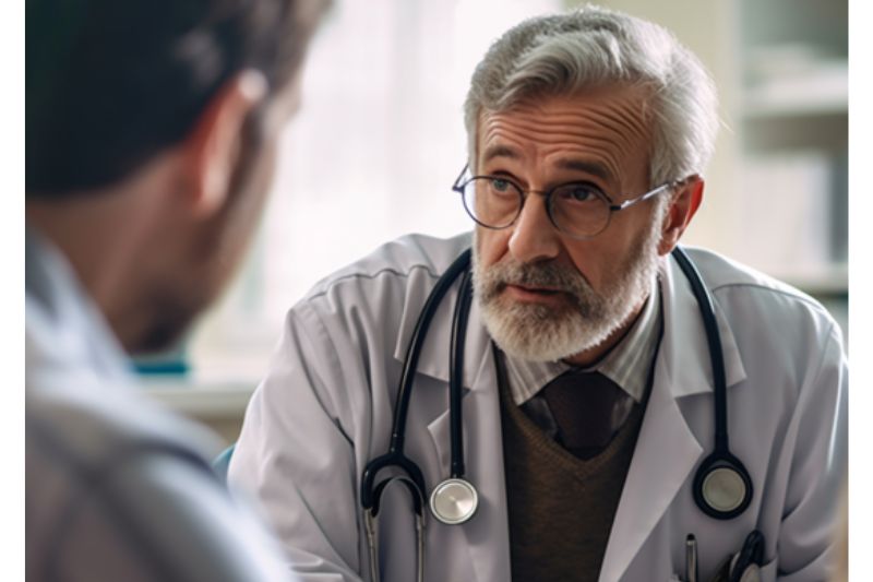 A man talks with his doctor about incontinence.